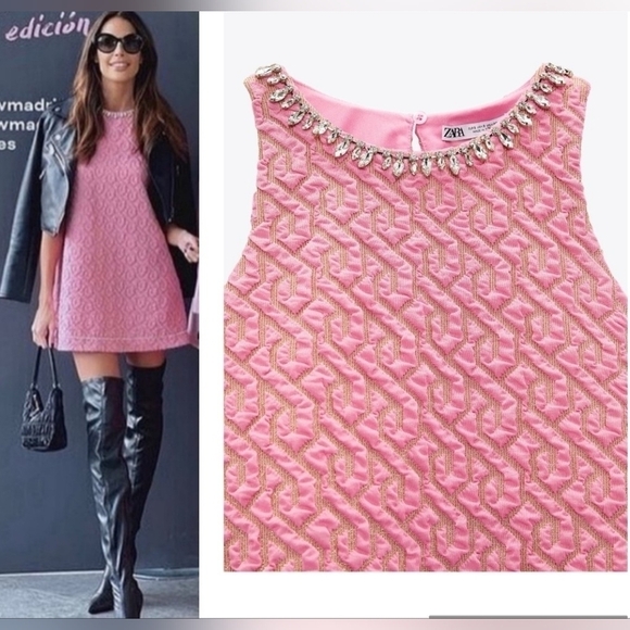ZARA JEWEL TRIM MINI DRESS IN PINK AND GOLD DETAITLS SIZE M - Picture 1 of 17